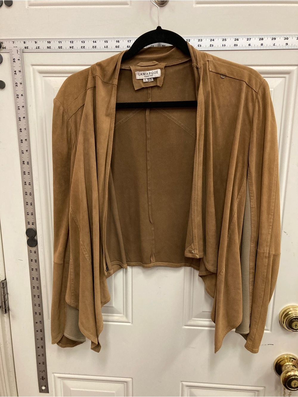 Tan, Suede, Open-Front, Draped, Jacket.